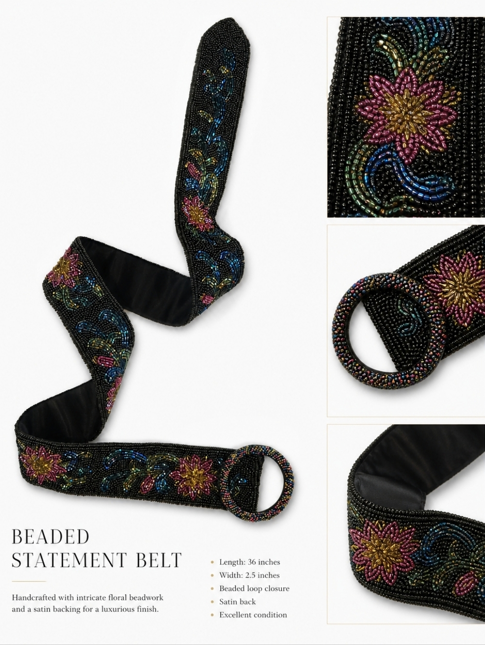 Vintage Beaded Floral Statement Belt - Black with Multicolor Floral Embroidery